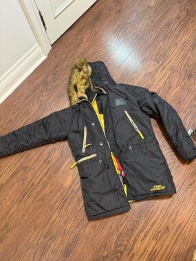 Alpha Industries Black Parka with Yellow Accents and Faux Fur Hood